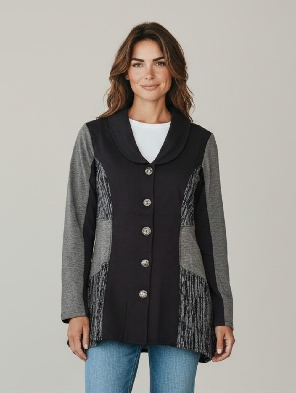 NEW! Parsley & Sage Black and Gray Button-Front Colorblock Shirt Jacket 3107